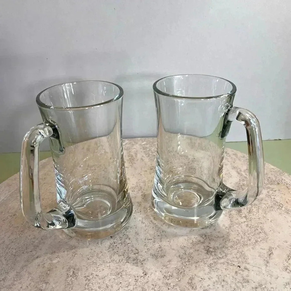 Set of 2 Clear Glass Beer Mugs Steins with Handles Heavy 6.5 Inches Tall - Picture 2 of 10